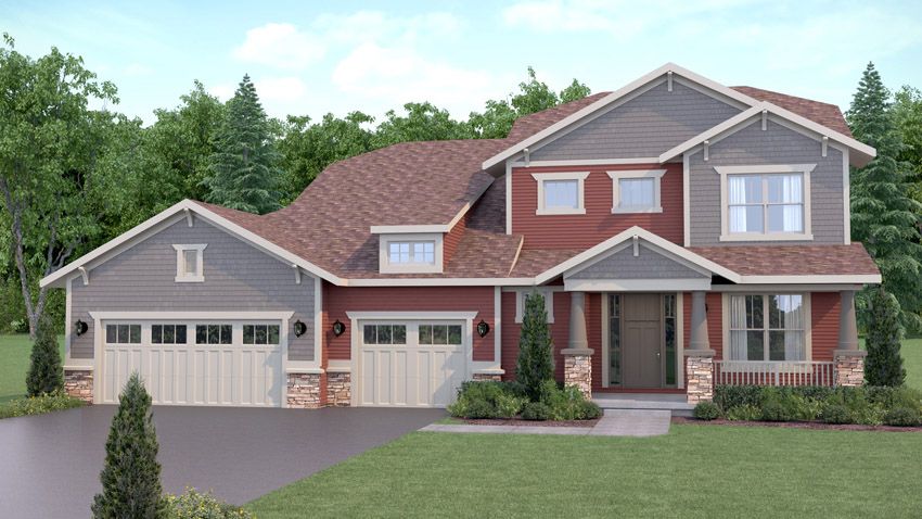 Exterior rendering of a 2 story house, the Augusta floor plan.