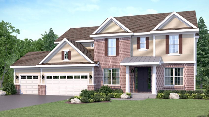 Exterior rendering of a 2-story home in the Southern Classic style. There is a driveway and front yard leading up to a 3-car garage and a front door with a small covered porch. The home's siding is a combination of tan lap siding and reddish brick.